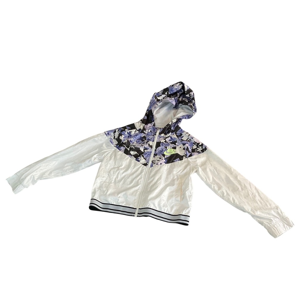 Nike Windrunner Jacket Kids XL White Purple Floral Mesh Lined Full Zip Hooded